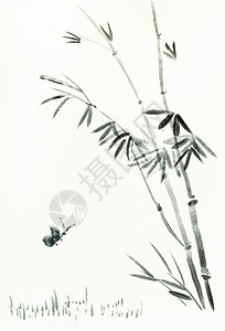 蝴蝶竹子用水彩油漆色涂料Sumiesuibukuga风格的训练教学竹树附近的蝴蝶是用乳油纸画的手背景