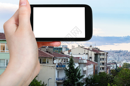旅行概念土耳其首都安卡拉市Kizilay住宅区春季晚的旅游照片用智能手机拍摄空白剪切屏广告位置图片