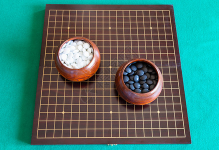 石头剪刀布游戏白色和黑的顶部观赏着绿桌上木板碗中的Go游戏玩石背景