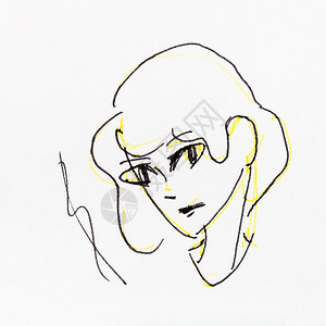 用黄铅笔和白纸上黑墨手工绘画的专注女孩头部草图图片