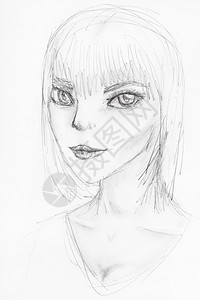 白纸上用黑铅笔亲手画的长眼睛人类形态女孩的草图图片