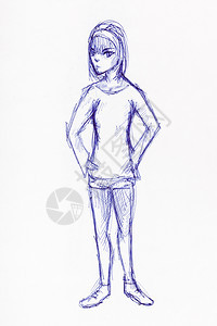 用白纸上的蓝墨水亲手拖着运动服的少女草图图片