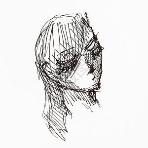 用白纸上的黑墨水亲手绘制的女头部草图图片