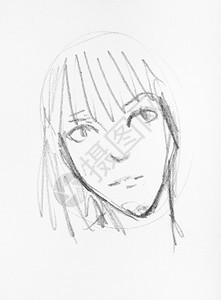 用白纸上的黑铅笔手工绘制的女孩头简单草图图片