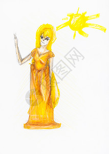 白纸上彩色铅笔手工绘画的长黄色裙女仙高清图片