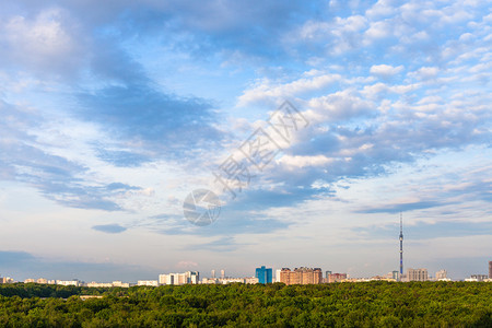 莫斯科市绿色森林和城住宅上空有蓝色云图片