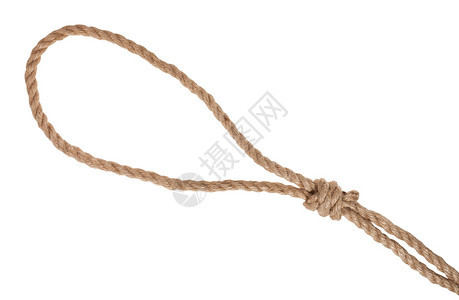 用绞索和绳绑在厚的黄麻绳上在白色背景被孤立图片