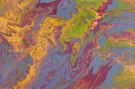 画布上紫色灰绿和黄涂料手工在液态丙烯水流绘画技术中图片