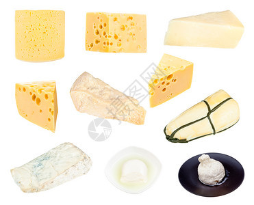 白色背景上分离的各种奶酪集图片