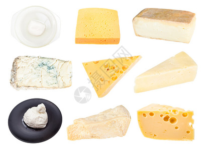 白背景上隔绝的各种奶酪拼贴图片