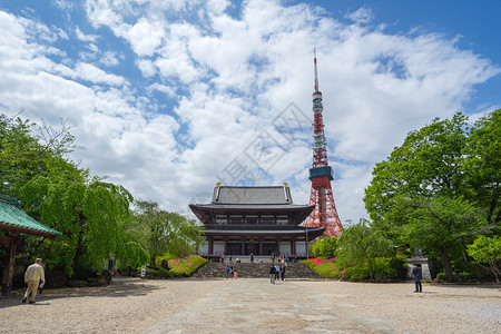 地标增上寺旅行日本东京市著名的地方东京塔和柔州寺图片