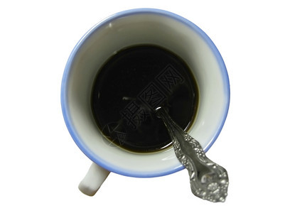 杯子圆形的喝半黑咖啡和茶匙在隔离区里图片