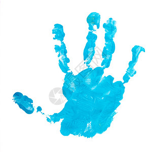 孩子白色的压力背景被孤立的幼儿右手用蓝色印由白背景的幼童右手打印图片