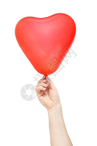 手握红气球以心脏的形状孤立在白色背景上空气飞行狂欢图片