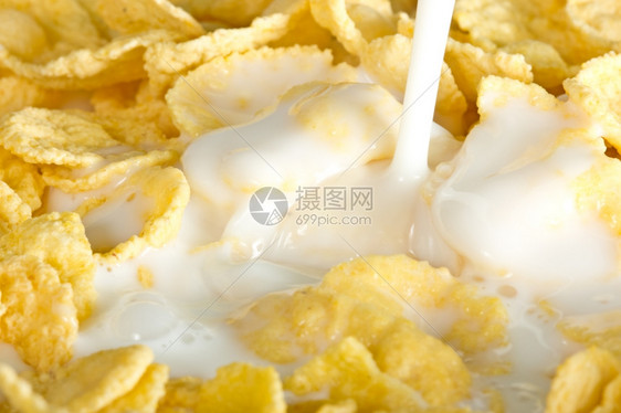 营养丰富健康牛奶倒在营养和美味的玉米片谷上早餐图片