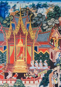 文化寺庙墙上传统的泰国壁画宗教丰富多彩的图片