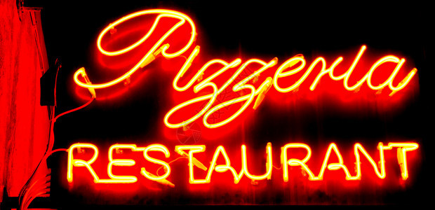 夜光灯下餐厅和披萨店的标志发光海报氖图片