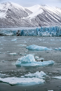 斯匹次卑尔根峡湾北极高纬度地区斯瓦尔巴群岛匹茨贝根的Woodfjorden摩纳哥冰川的终点景观图片