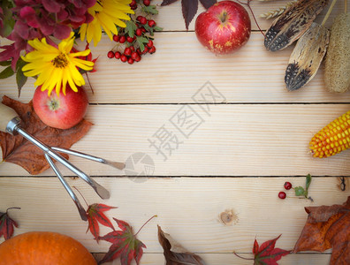 秋天桌子上的苹果和树叶图片