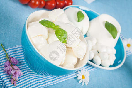 健康起司意大利新鲜奶制品如莫扎里拉瑞冰塔和樱桃西红柿春天图片