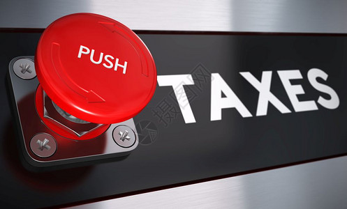 红色按钮使用文本税的紧急按钮下UstractedNations概念图示用于超税插目的为了负担过重征税背景
