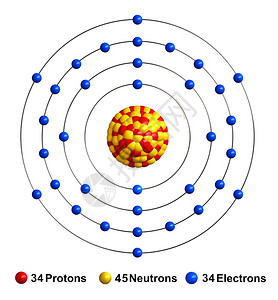 在白色背景上分离的硒原子结构3d渲染质子表示为红色球体中子表示为黄色球体电子表示为蓝色球体化合物插图蓝色的图片