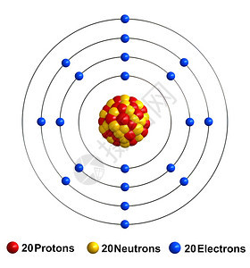 教育红色的蓝石质以红球中子作为黄电蓝等形式出现在白色背景上孤立的钙原子结构形成3d质素被表述为红球电子作蓝图片