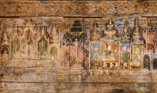 门户14文化泰国Lampang木制寺庙墙上的古泰国壁画传统的图片