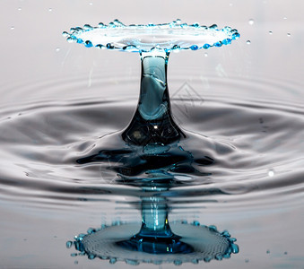 溅王冠蓝色水滴碰撞和在无缝表面反射颜色图片