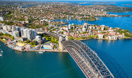 澳大利亚城市标志悉尼港桥的空中观测澳大利亚城市景观天线旅行图片