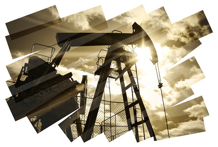 闪亮的石油工业抽象构成背景石油和天然气工业白色石油钻机摘要背景摄影拼贴的SepiaIsolarate在白色石油钻机上行业工的图片