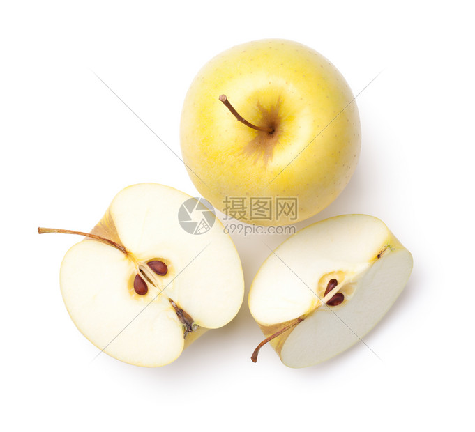 维他命健康水果白色背景上孤立的金色美味佳苹果Top视图图片