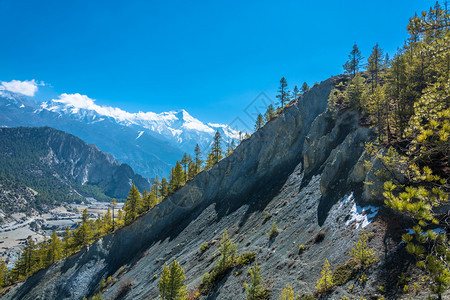 范围一种晴天喜马拉雅山上美丽的岩石脉在明亮的阳光日尼泊尔图片