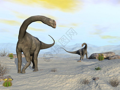 步行在沙漠中走的两只布鲁托墨尔斯恐龙3D化身在沙漠中的勃朗托墨尔斯恐龙3D化身时代蜥蜴图片
