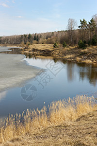温暖的春天初湖上最后的冰雪熔化解冻图片