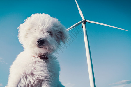 可爱的白狗和风力涡轮机以在深蓝天空中采用清洁概念白狗和风力涡轮机以采用清洁概念扇子新鲜的图片