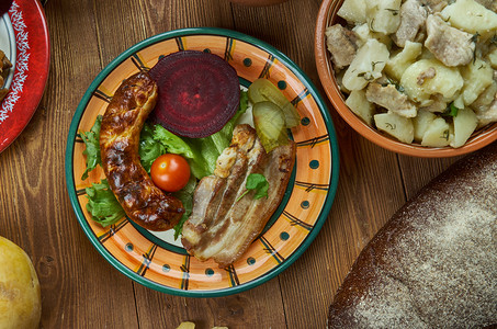 汉堡里格丹麦卡斯勒自制烹饪传统各类菜盘顶视食物肴土豆图片