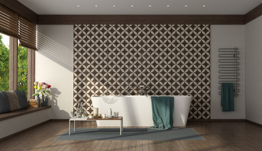 渲染房间现代洗手有最起码的浴缸和瓷砖墙壁3D用浴缸和瓷砖墙作为最小型的洗手间硬木图片