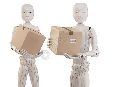 邮政船运人形带有包件工智能3d插图的机器人在白色上孤立图片