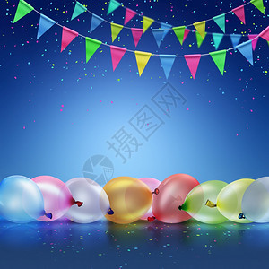 问候蓝色背景的气球和旗帜节日背景庆典派对图片