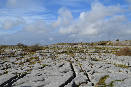 旅行Burren乡下蓝云的天空和岩石般土地克莱尔多云的图片