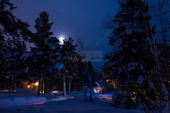 冬季森林大量的雪小村庄夜间圣诞灯冬季森林和月亮中村庄的圣诞灯饰家夜晚国图片