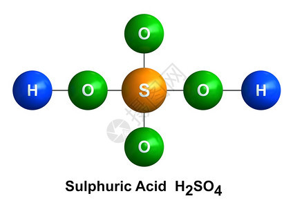 科学白色背景上分离的硫酸子结构3d成型以色状和化学符号表列为氢H蓝色氧化物绿色硫磺橙的代号结构体渲染图片