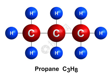 公式象征在白色背景上隔离的丙烷分子结构3d转化成Atoms作为有色和化学符号氢H蓝色碳C红编码的球体图片