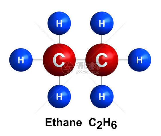 在白色背景上分离的乙烷子结构3d转化成Atoms代表为有色和化学符号的球体氢H蓝色碳C红化合物插图背景原子图片