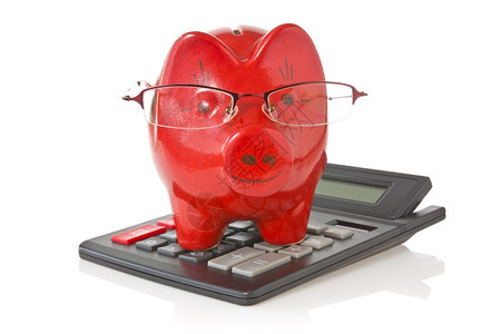钱盒金融白色背景戴眼镜的计算器和小猪库收入图片