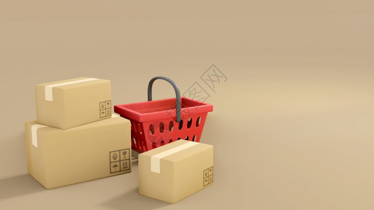 电子商务红色购物篮和浅褐背景3D包装箱说明网上购物和航运概念一在线购物和航运概念交货买图片
