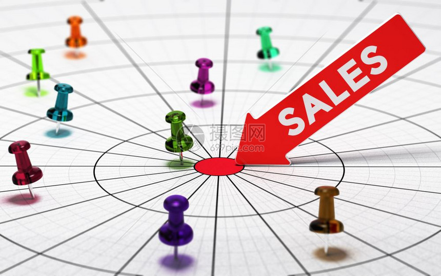 靠近卖方竞争者3D说明销售业绩指标的3D插图其中将推力指数放在一个圆形图表上销售力分析能计量图片