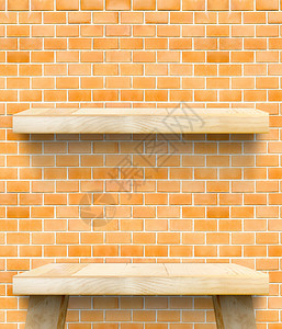 在橙砖墙的空木板桌顶和架子上Template模拟展示您的产品为了商业内部的图片