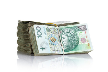 抛光支付白背景的波兰货币钞票一堆现金债务图片